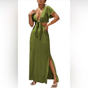 NWOT Women's Open Back Maxi Tie Front Split Hem A-Line Dress